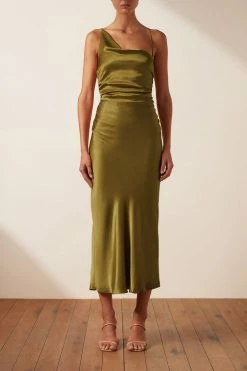 Shona Joy DRESSES GIORGIA ASYMMETRICAL BIAS COWL MIDI DRESS - OLIVE OIL