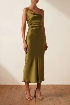Shona Joy DRESSES GIORGIA ASYMMETRICAL BIAS COWL MIDI DRESS - OLIVE OIL
