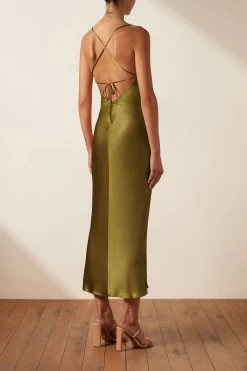 Shona Joy DRESSES GIORGIA ASYMMETRICAL BIAS COWL MIDI DRESS - OLIVE OIL