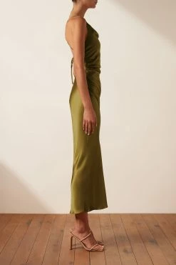 Shona Joy DRESSES GIORGIA ASYMMETRICAL BIAS COWL MIDI DRESS - OLIVE OIL