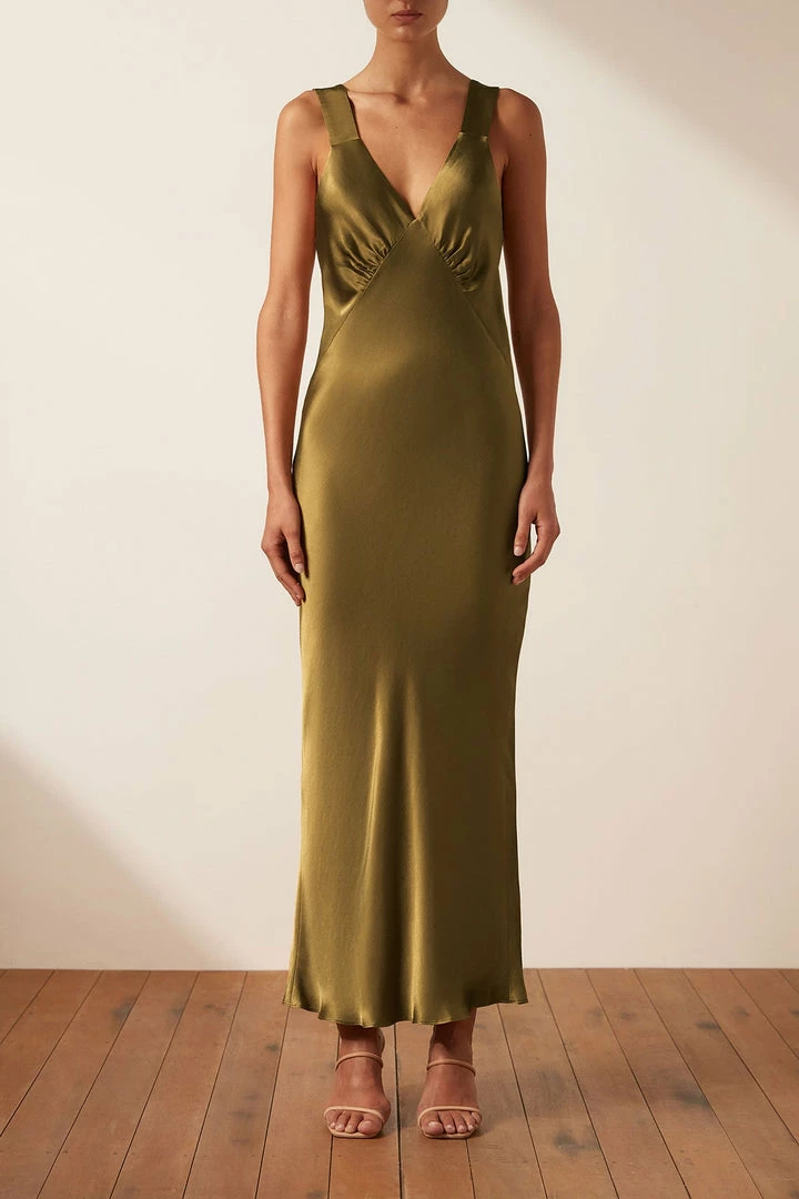 Shona Joy GIORGIA PLUNGED MIDI DRESS - OLIVE OIL