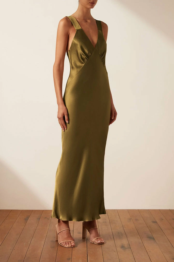 Shona Joy GIORGIA PLUNGED MIDI DRESS - OLIVE OIL