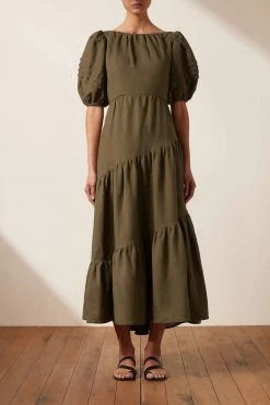 Shona Joy JULIANA LINEN SHORT SLEEVE OPEN BACK MIDI DRESS - FOREST