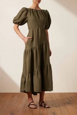 Shona Joy JULIANA LINEN SHORT SLEEVE OPEN BACK MIDI DRESS - FOREST