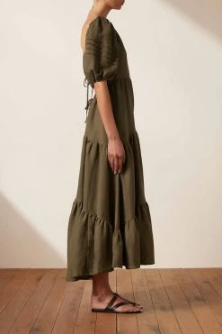 Shona Joy JULIANA LINEN SHORT SLEEVE OPEN BACK MIDI DRESS - FOREST