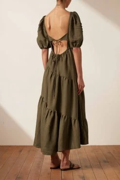 Shona Joy JULIANA LINEN SHORT SLEEVE OPEN BACK MIDI DRESS - FOREST