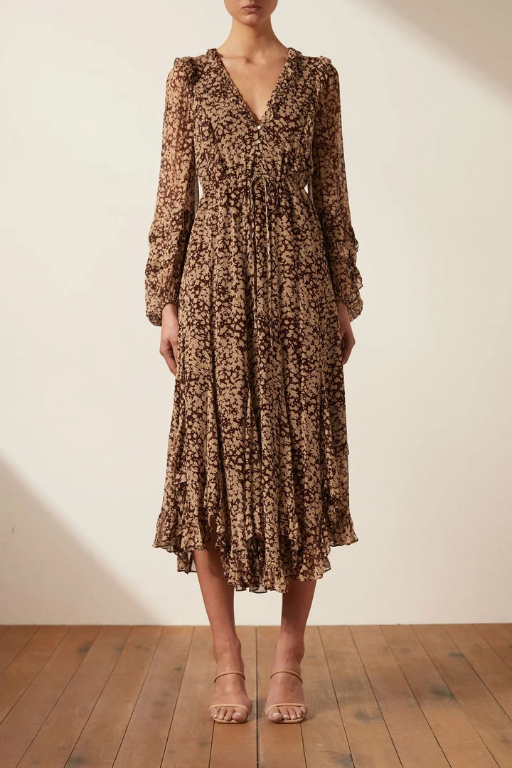 Shona Joy VALERIA BALLOON SLEEVE GODET MIDI DRESS DRESSES