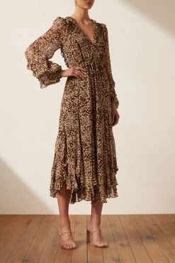 Shona Joy VALERIA BALLOON SLEEVE GODET MIDI DRESS DRESSES