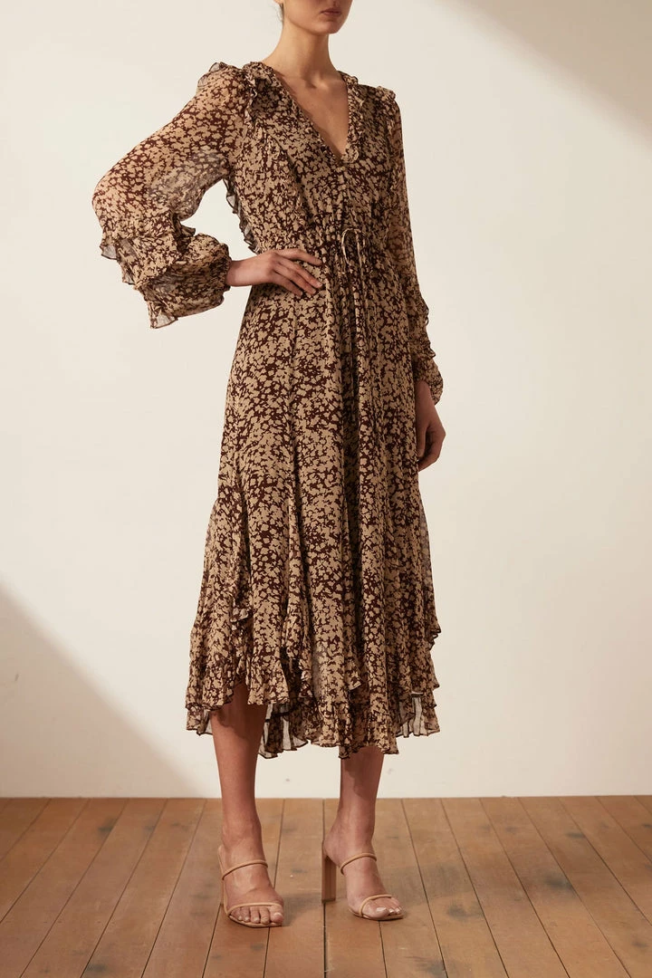 Shona Joy VALERIA BALLOON SLEEVE GODET MIDI DRESS DRESSES