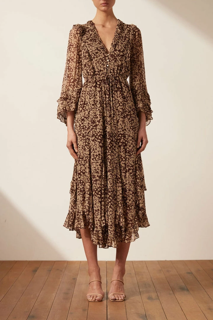 Shona Joy VALERIA BALLOON SLEEVE GODET MIDI DRESS DRESSES