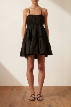 Shona Joy BRUNA LINEN SHIRRED TIERED MINI DRESS - BLACK DRESSES