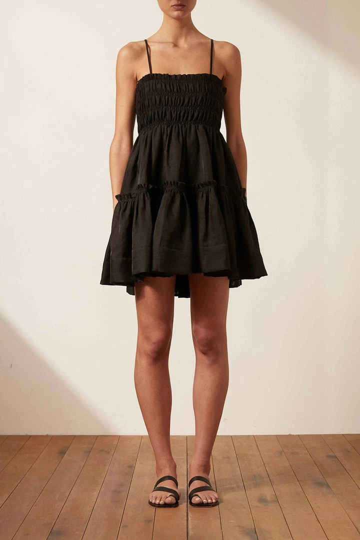 Shona Joy BRUNA LINEN SHIRRED TIERED MINI DRESS - BLACK DRESSES