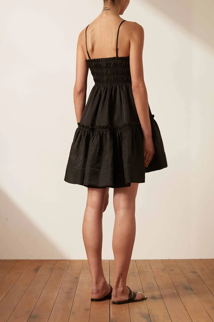 Shona Joy BRUNA LINEN SHIRRED TIERED MINI DRESS - BLACK DRESSES
