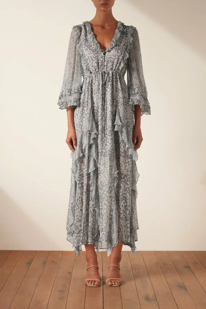 Shona Joy CANDICE BALLOON SLEEVE FRILL MIDI DRESS DRESSES