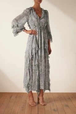 Shona Joy CANDICE BALLOON SLEEVE FRILL MIDI DRESS DRESSES