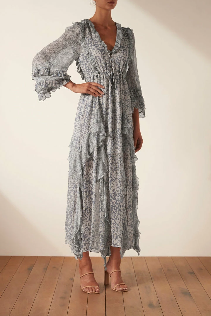 Shona Joy CANDICE BALLOON SLEEVE FRILL MIDI DRESS DRESSES