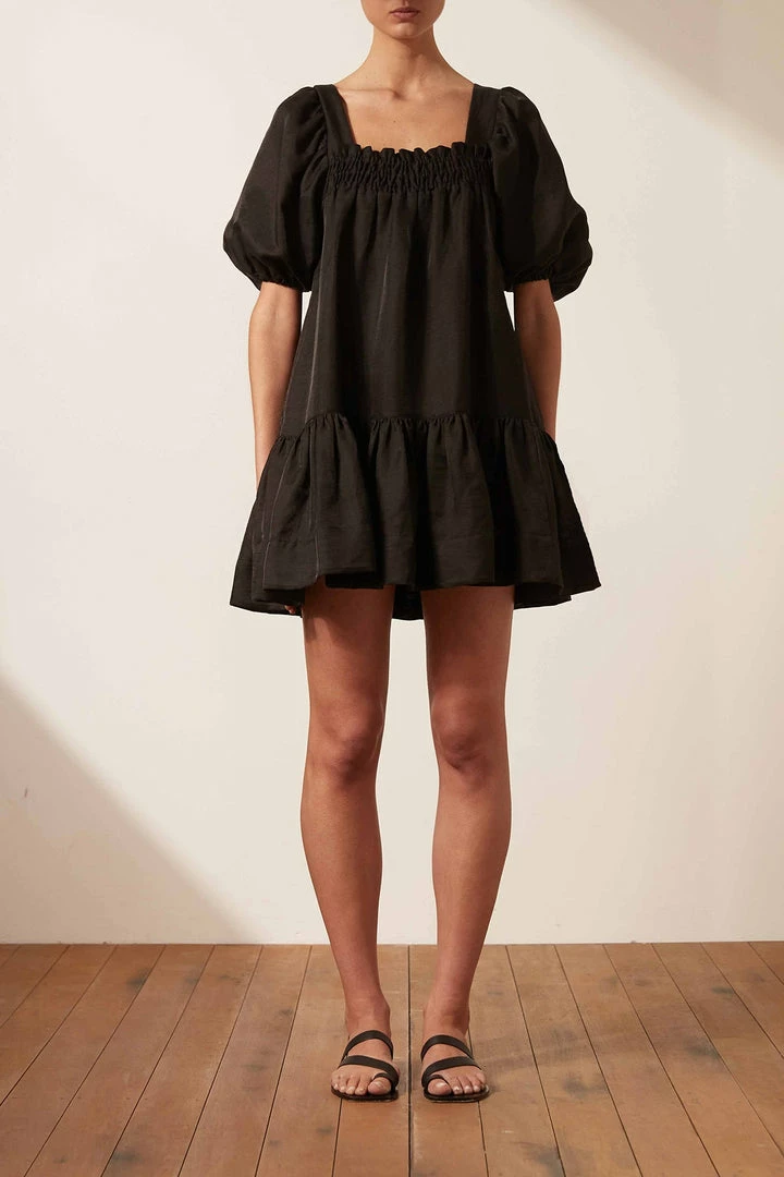 Shona Joy BRUNA LINEN SQUARE NECK SHIRRED MINI DRESS - BLACK DRESSES