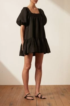 Shona Joy BRUNA LINEN SQUARE NECK SHIRRED MINI DRESS - BLACK DRESSES