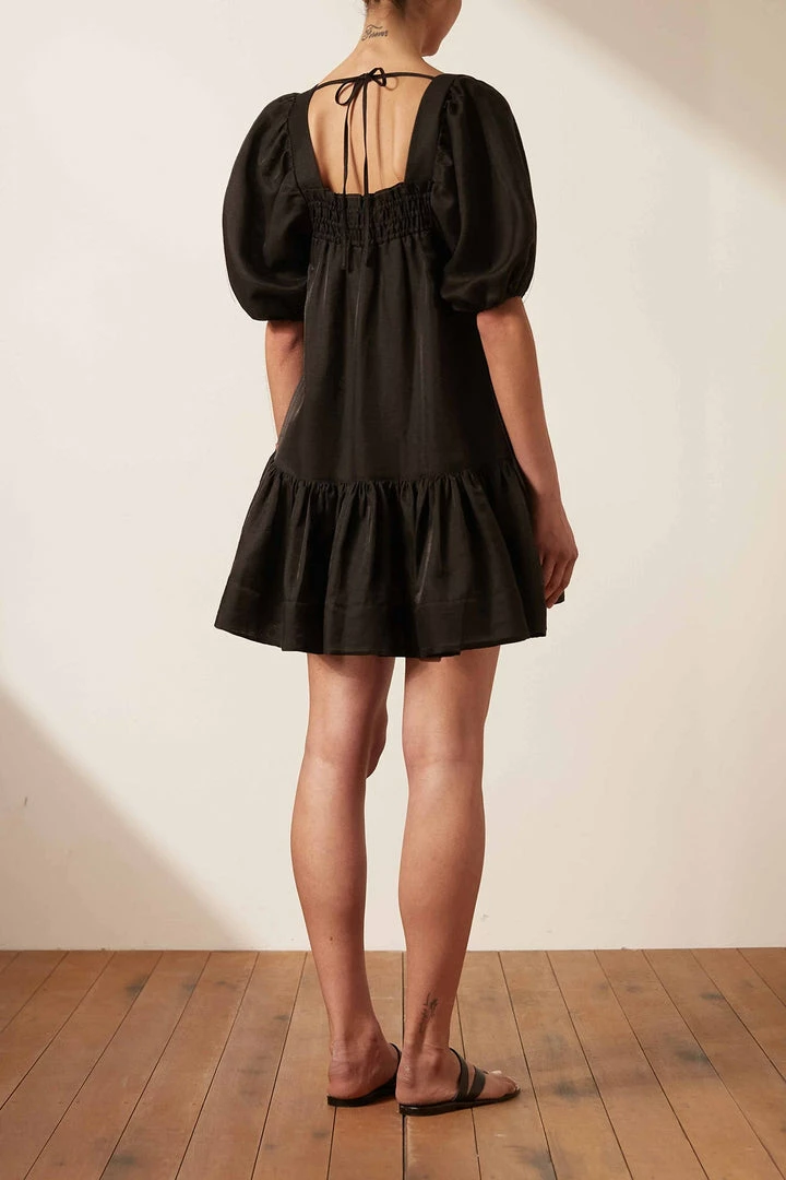 Shona Joy BRUNA LINEN SQUARE NECK SHIRRED MINI DRESS - BLACK DRESSES