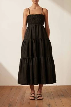 Shona Joy BRUNA LINEN OPEN BACK SHIRRED MIDI DRESS - BLACK