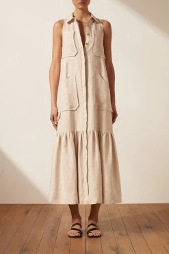 Shona Joy DRESSES LUNA LINEN SLEEVELESS MIDI DRESS - NATURAL