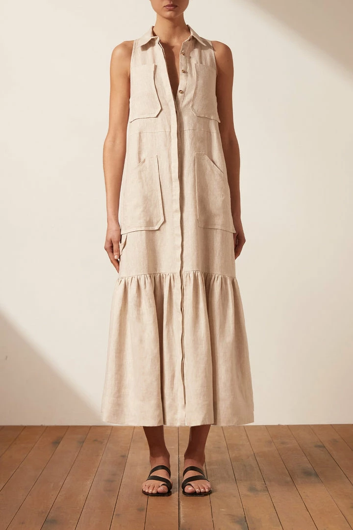 Shona Joy DRESSES LUNA LINEN SLEEVELESS MIDI DRESS - NATURAL