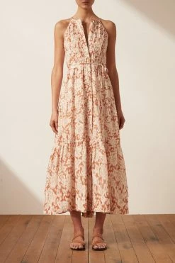 Shona Joy FLOR LINEN SLEEVELESS PIN TUCK TUXEDO MIDI DRESS