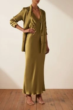 Shona Joy GIORGIA PLUNGED MIDI DRESS - OLIVE OIL