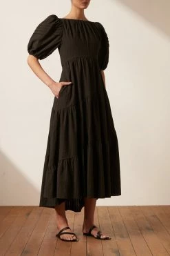 Shona Joy DRESSES ELLA SHORT SLEEVE OPEN BACK MIDI DRESS - COAL