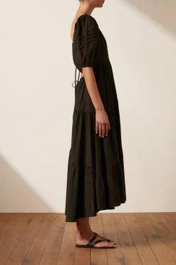 Shona Joy DRESSES ELLA SHORT SLEEVE OPEN BACK MIDI DRESS - COAL