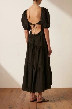 Shona Joy DRESSES ELLA SHORT SLEEVE OPEN BACK MIDI DRESS - COAL