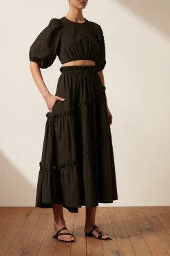 Shona Joy ELLA DRAWSTRING ASYMMETRIC MIDI SKIRT - COAL