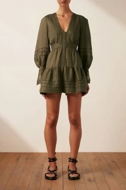 Shona Joy BENEDETTA LINEN PLUNGED MINI DRESS - BAYLEAF DRESSES