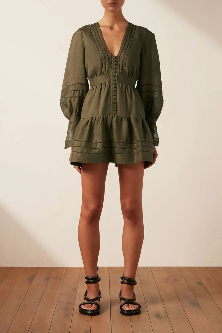 Shona Joy BENEDETTA LINEN PLUNGED MINI DRESS - BAYLEAF DRESSES