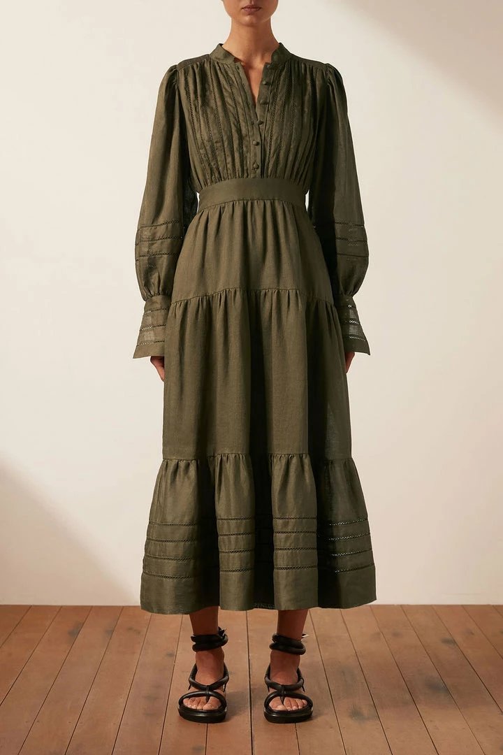 Shona Joy BENEDETTA LINEN BUTTON UP MIDI DRESS - BAYLEAF
