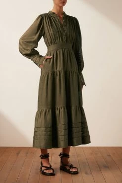 Shona Joy BENEDETTA LINEN BUTTON UP MIDI DRESS - BAYLEAF
