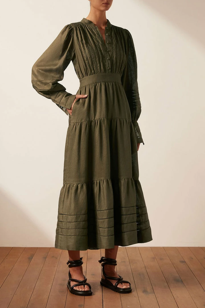 Shona Joy BENEDETTA LINEN BUTTON UP MIDI DRESS - BAYLEAF