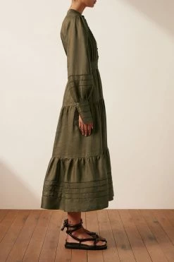 Shona Joy BENEDETTA LINEN BUTTON UP MIDI DRESS - BAYLEAF