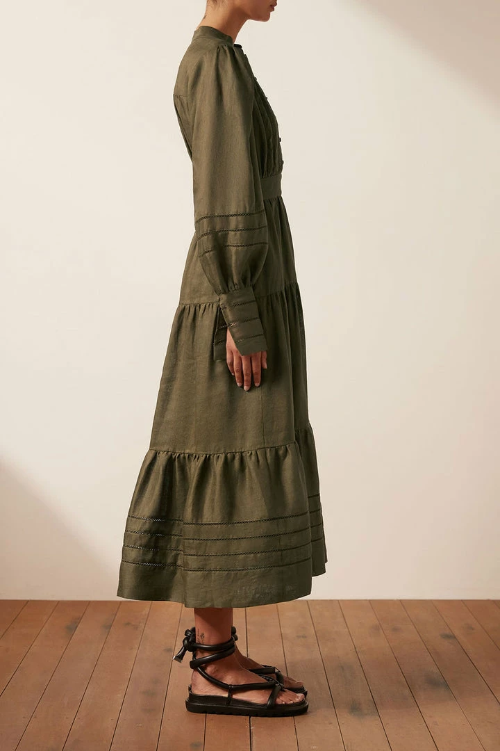 Shona Joy BENEDETTA LINEN BUTTON UP MIDI DRESS - BAYLEAF