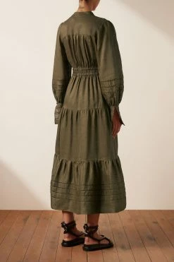 Shona Joy BENEDETTA LINEN BUTTON UP MIDI DRESS - BAYLEAF