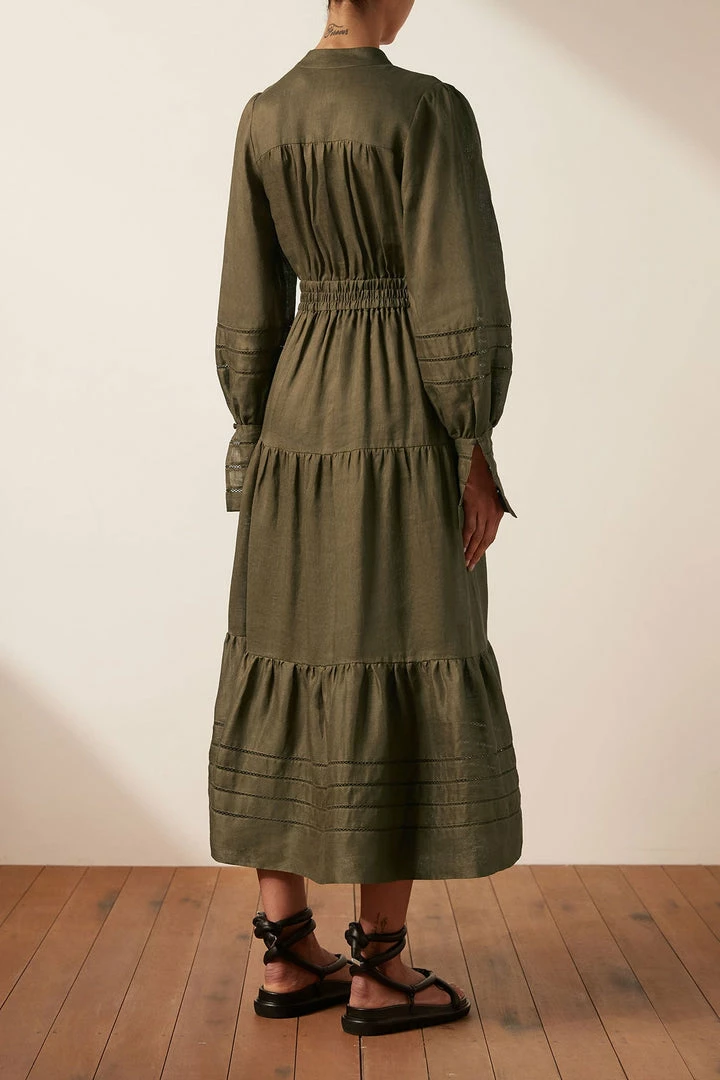 Shona Joy BENEDETTA LINEN BUTTON UP MIDI DRESS - BAYLEAF
