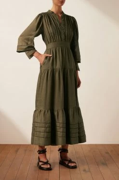 Shona Joy BENEDETTA LINEN BUTTON UP MIDI DRESS - BAYLEAF