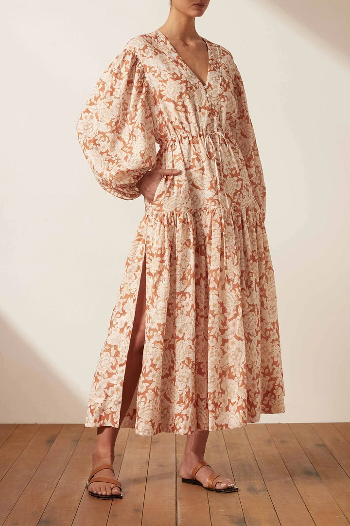 Shona Joy FLOR LINEN BALLOON SLEEVE DRAWSTRING MIDI DRESS DRESSES