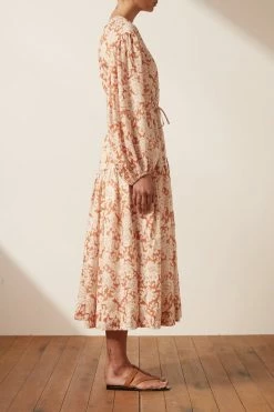 Shona Joy FLOR LINEN BALLOON SLEEVE DRAWSTRING MIDI DRESS DRESSES