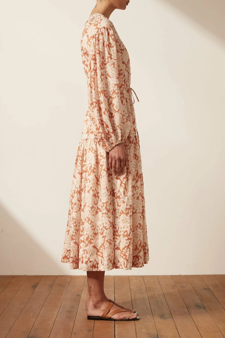 Shona Joy FLOR LINEN BALLOON SLEEVE DRAWSTRING MIDI DRESS DRESSES