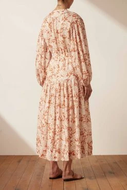 Shona Joy FLOR LINEN BALLOON SLEEVE DRAWSTRING MIDI DRESS DRESSES