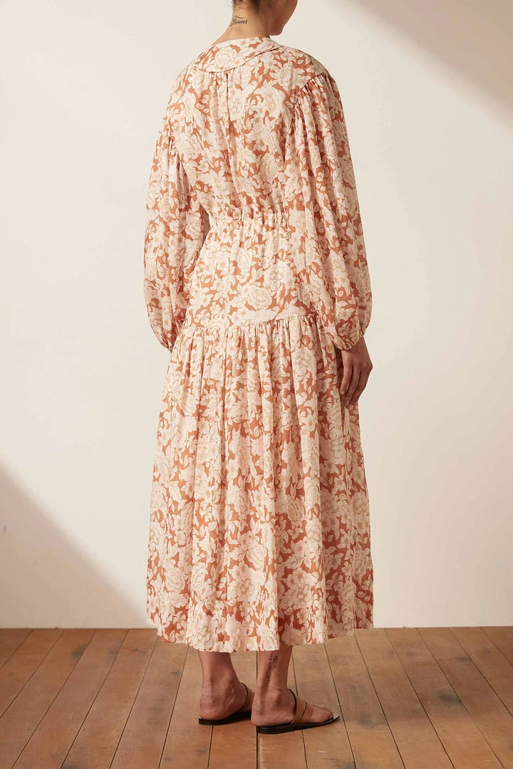 Shona Joy FLOR LINEN BALLOON SLEEVE DRAWSTRING MIDI DRESS DRESSES