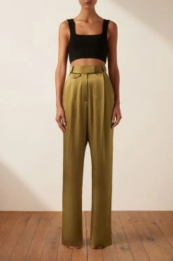 Shona Joy GIORGIA HIGH WAISTED TAILORED PANT - OLIVE OIL SHORTS & PANTS