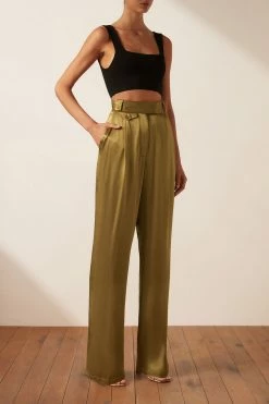 Shona Joy GIORGIA HIGH WAISTED TAILORED PANT - OLIVE OIL SHORTS & PANTS