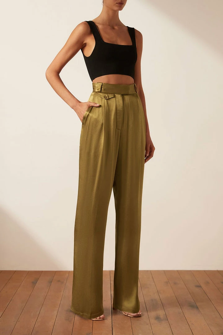 Shona Joy GIORGIA HIGH WAISTED TAILORED PANT - OLIVE OIL SHORTS & PANTS